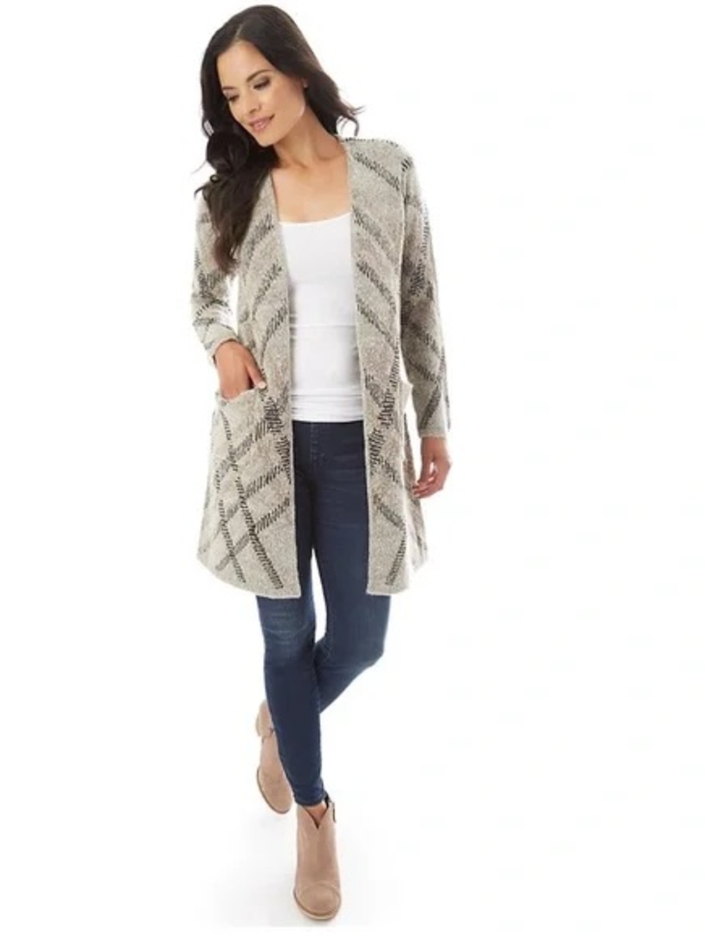 Open-Front Plaid Longline Cardigan Sweater - Cream/Gray